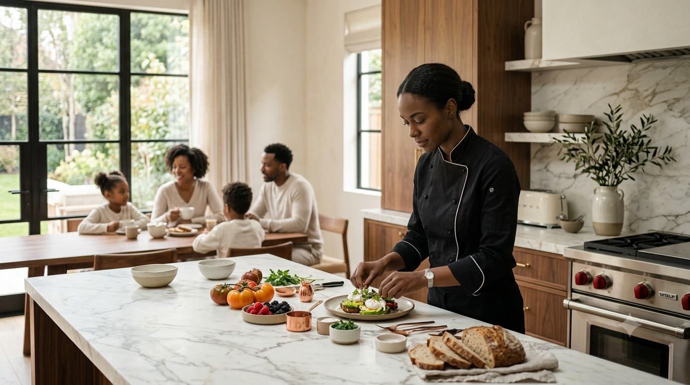 A private chef preparing breakfast in a family kitchen, with the family gathered at the table nearby
