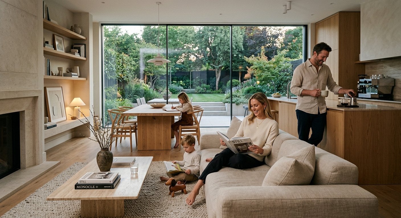 A family relaxed together in their living room — present with each other because the household runs itself