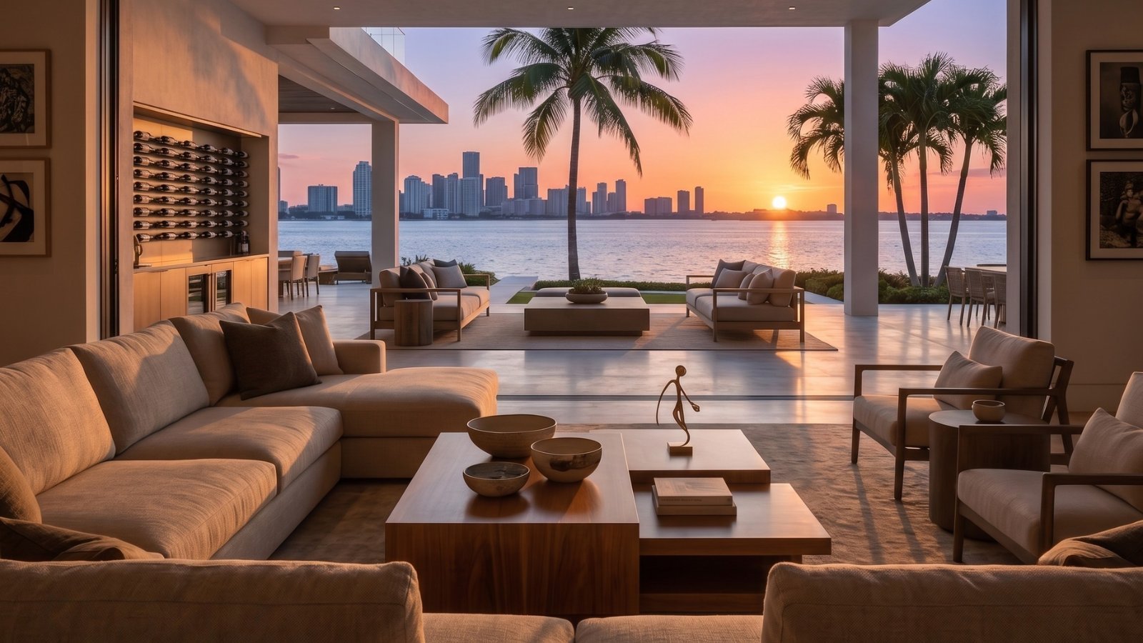 A coastal Florida living space at sunset, overlooking the Miami skyline