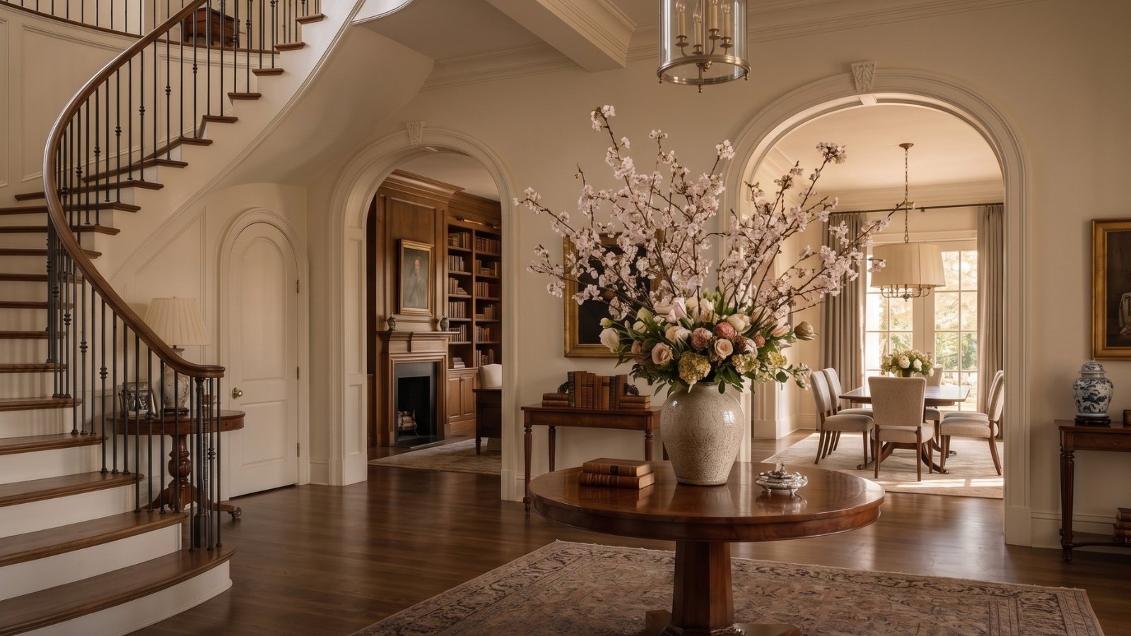 A grand entryway in an established Georgia home, with a curved staircase and formal dining room beyond