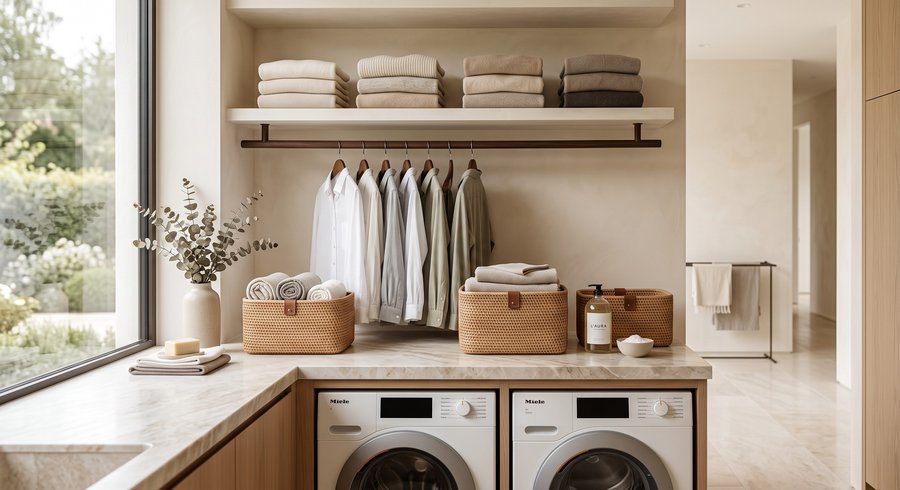 A meticulously organized laundry and linen room, folded shirts and towels arranged by a Private Housekeeper