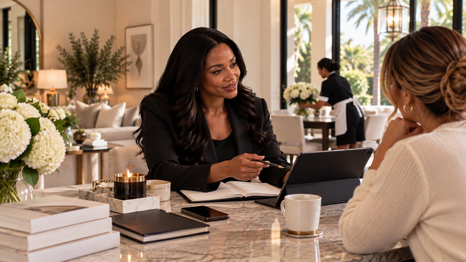 A Wifeish household professional in conversation with a client about their household