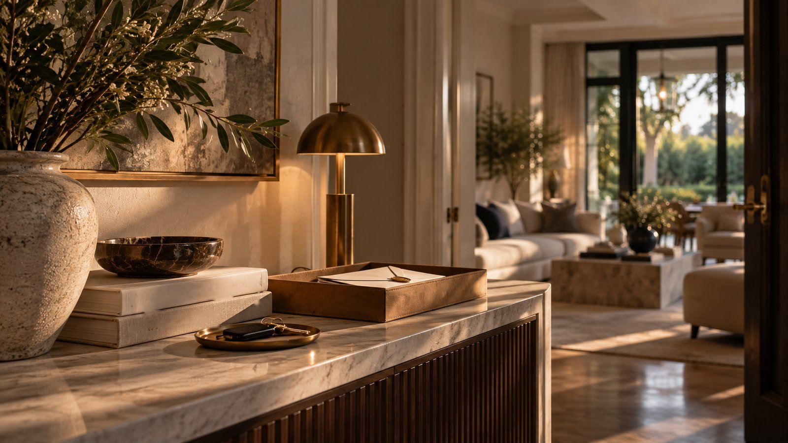 A private entryway console in warm evening light with a sealed envelope, a brass lamp and a dish of keys