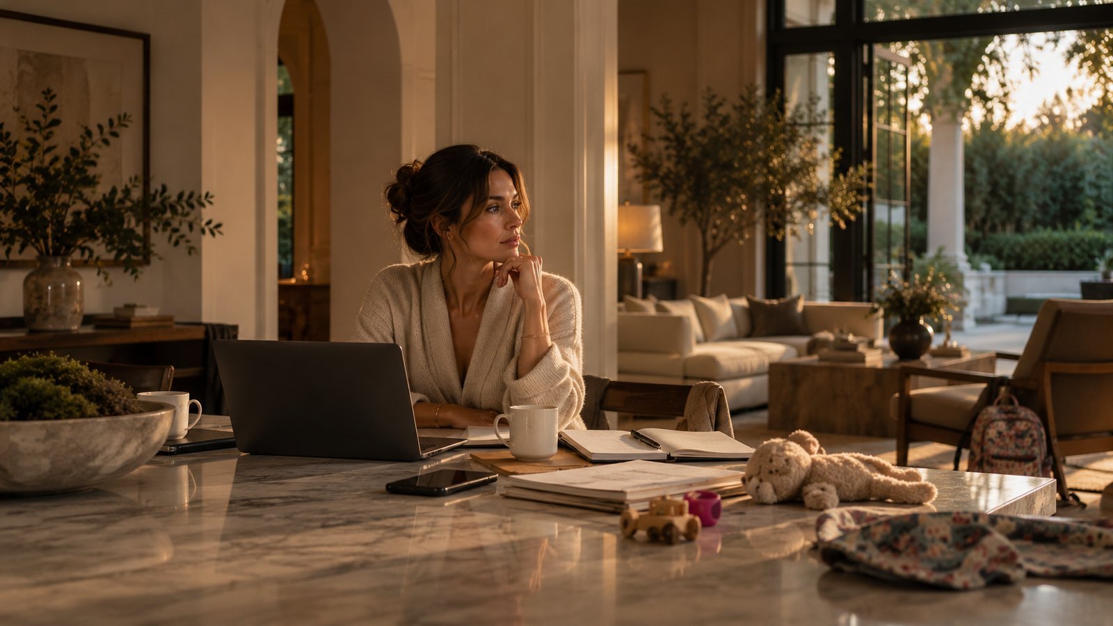 A woman at a marble kitchen island at sunset, laptop open beside a notebook and a child's toy, looking thoughtfully into the distance