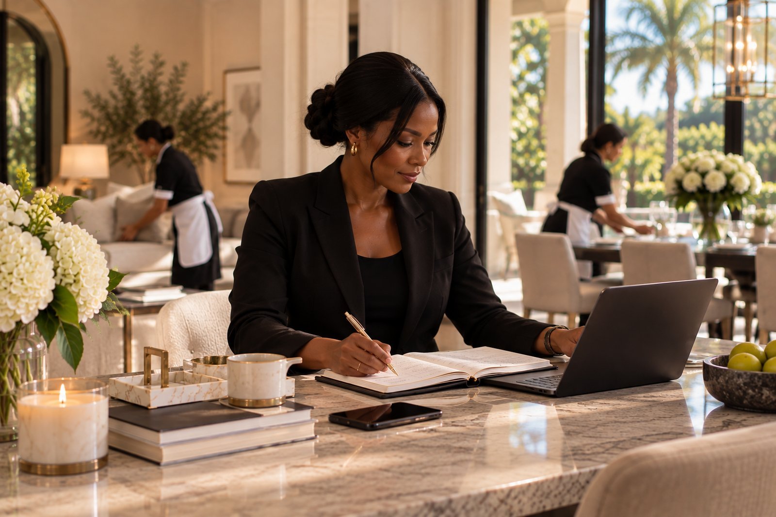 A Wifeish Household Manager writing in a planner while overseeing the household