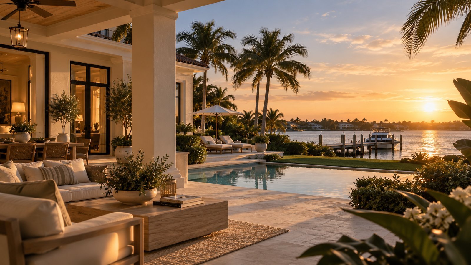 A waterfront terrace at golden hour with a pool, loungers and a dock