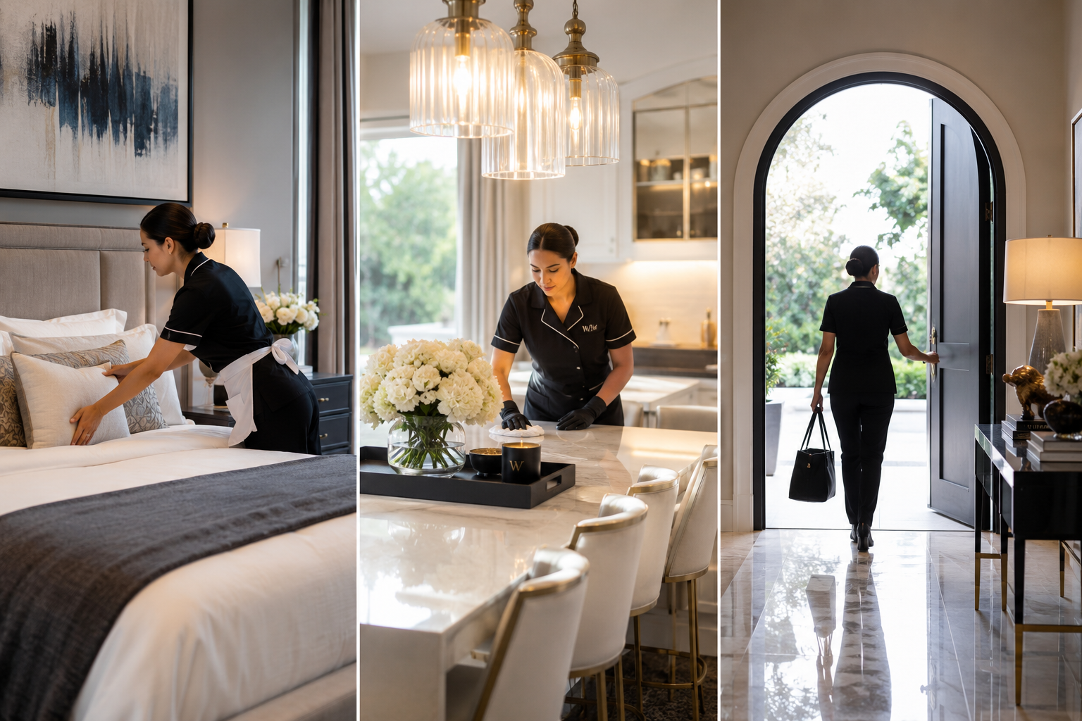 A Wifeish household professional at work throughout the day — preparing a room, arranging flowers, and departing a private residence