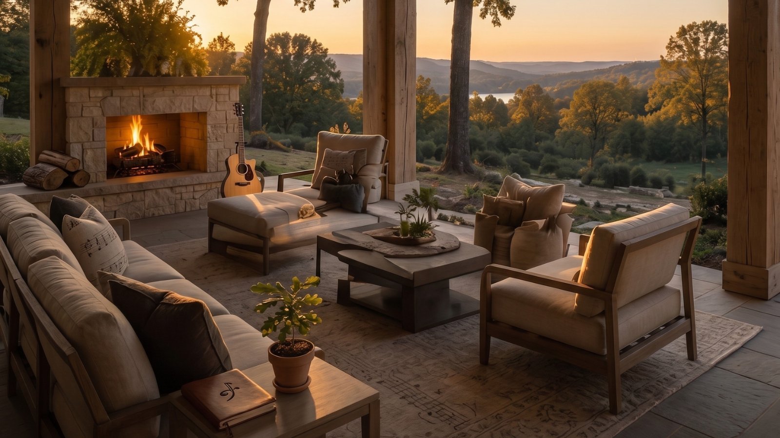 An outdoor living space overlooking the Tennessee hills at sunset