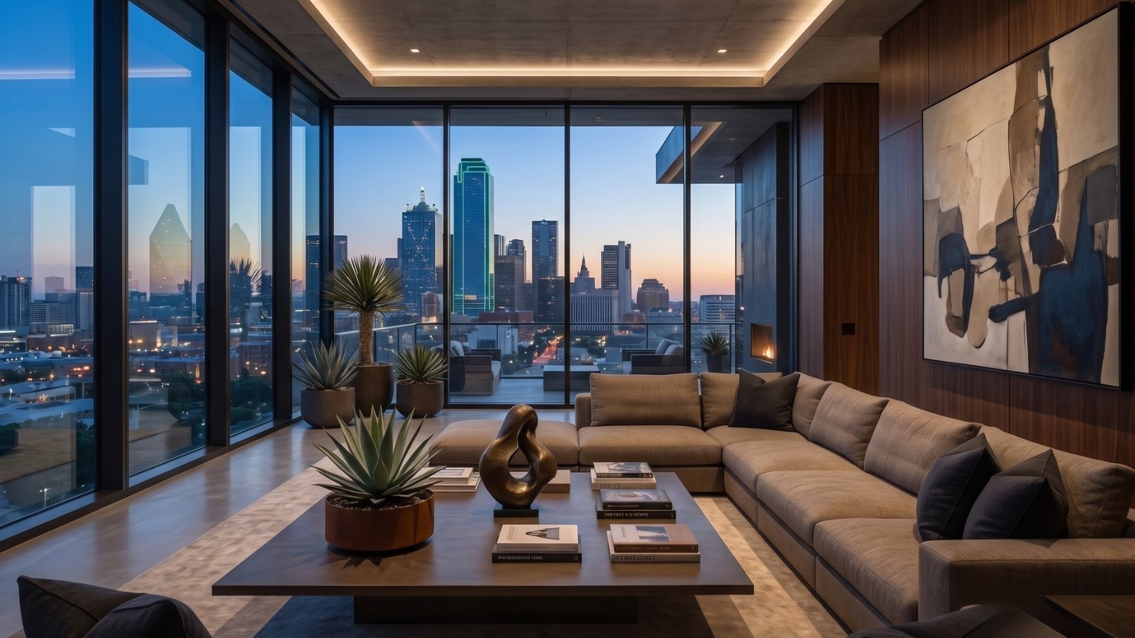 A Dallas high-rise living room overlooking the city skyline at dusk
